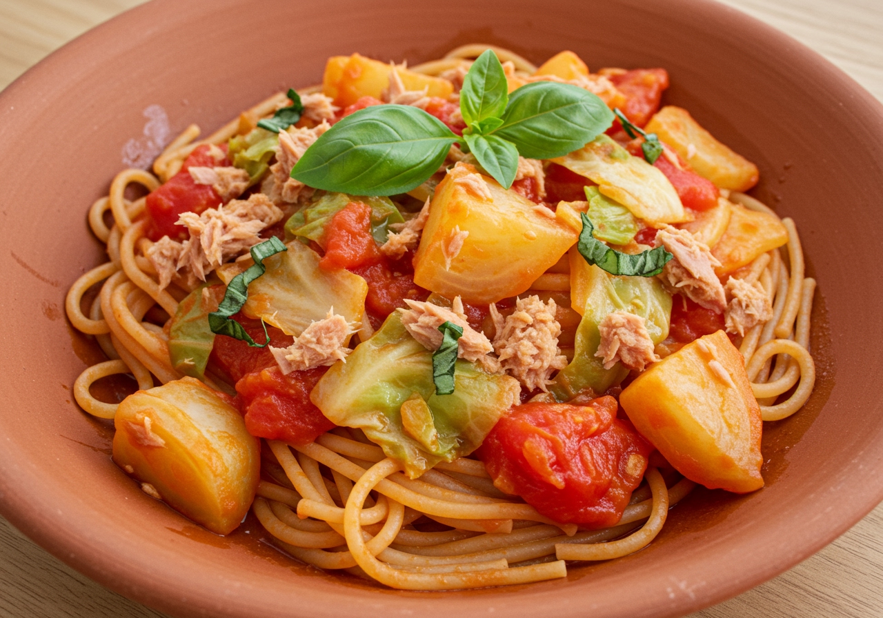 A vibrant red tomato-based pasta dish with chunks of cooked cabbage and flakes of tuna mixed in. Served in a shallow bowl.