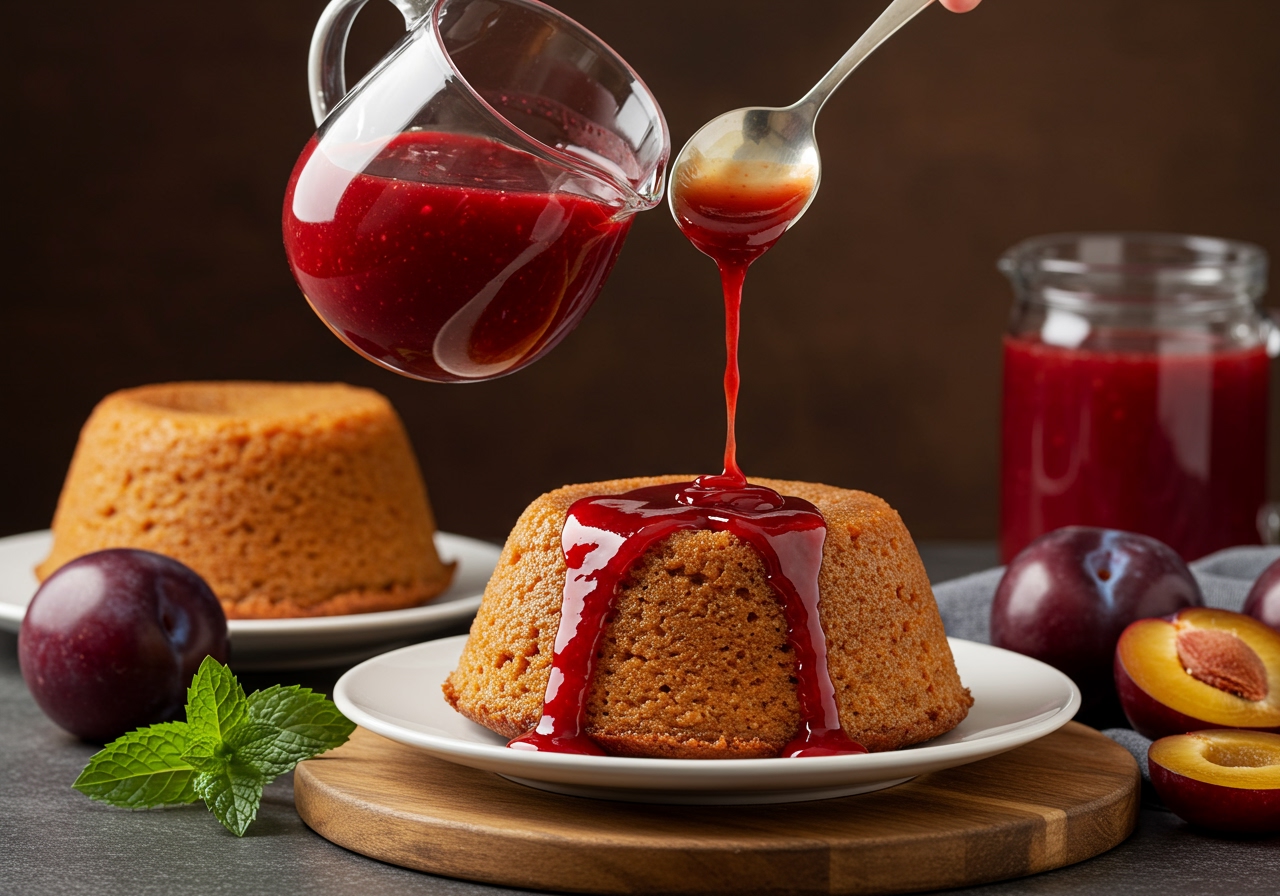 A vibrant, rich plum pudding sauce being drizzled over a warm, steamed pudding, with fresh plums and a sprig of mint nearby, in a cozy kitchen setting with soft lighting.