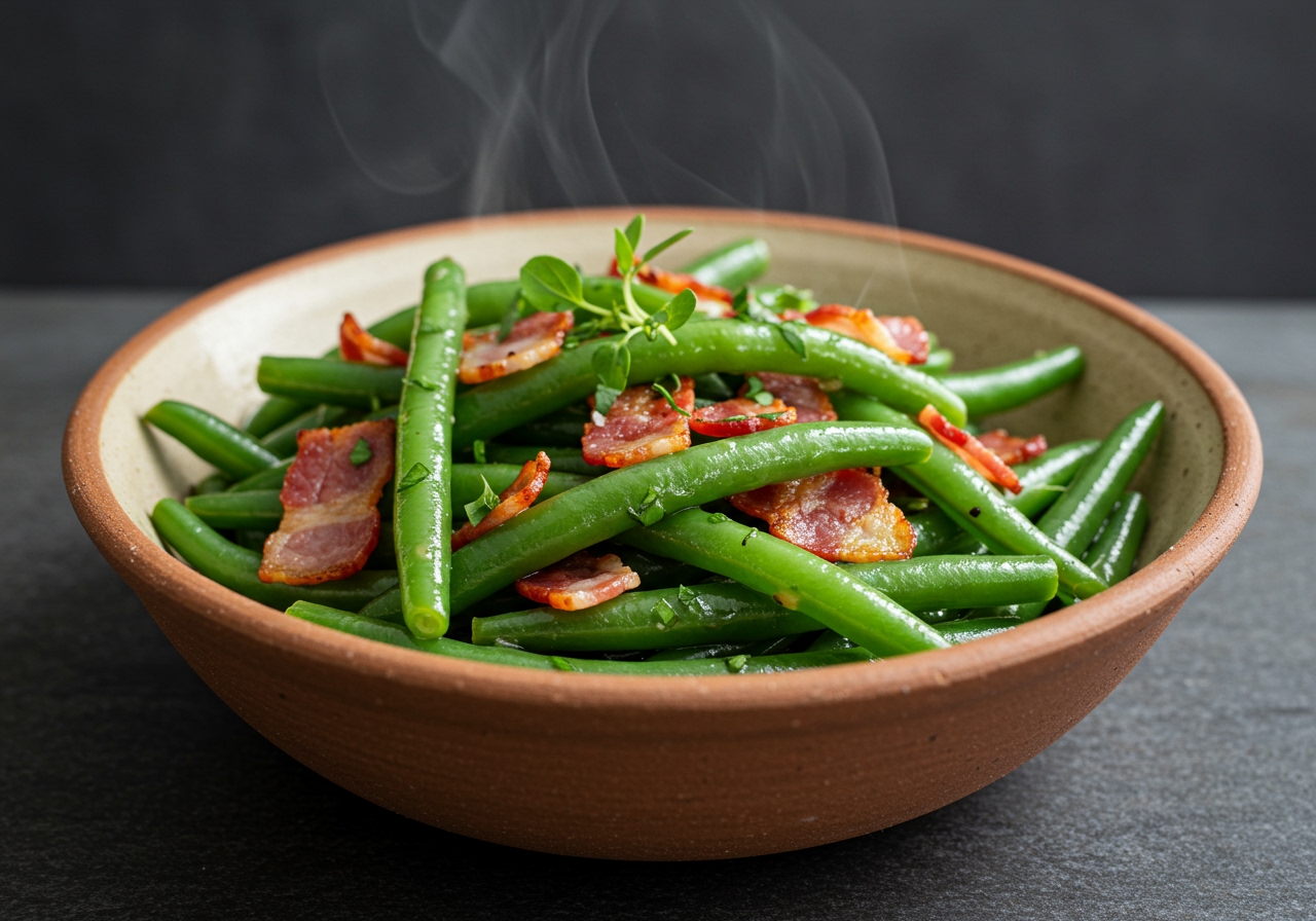 A vibrant, rustic serving of warm green bean and bacon salad in a ceramic bowl, with steam rising faintly. The green beans are bright green, the bacon is crispy and golden brown, and a light dressing coats them. A few fresh herbs might be sprinkled on top.