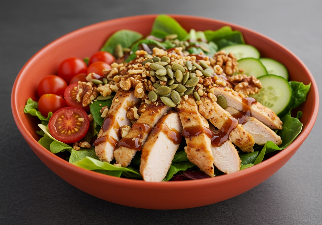 A vibrant salad bowl featuring mixed greens, cherry tomatoes, cucumber, nuts, and grilled chicken, drizzled with maple balsamic vinaigrette.