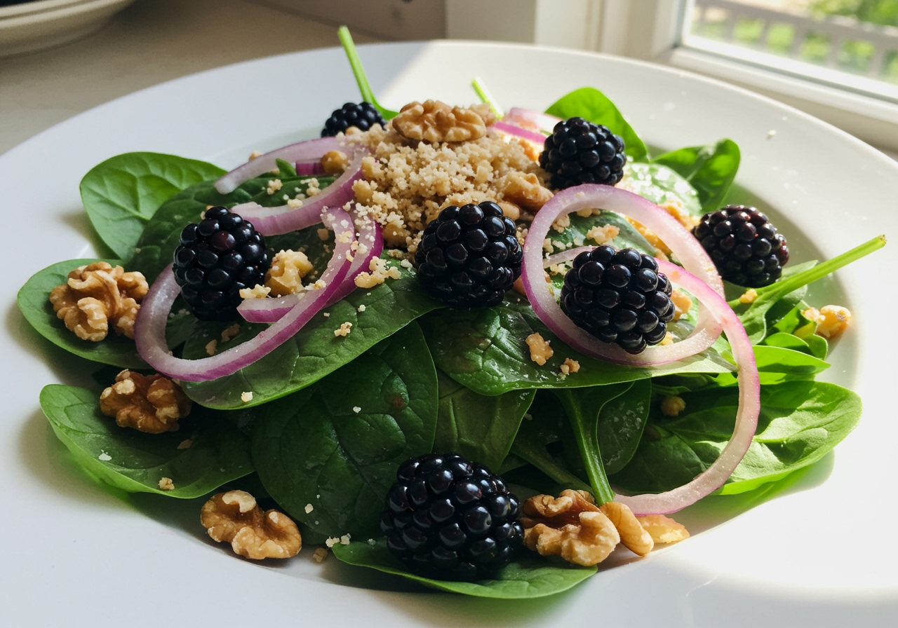 A vibrant salad with fresh spinach, glistening blackberries, thin slices of red onion, walnuts, and a light balsamic dressing on a white plate. A subtle cheese crumb is visible.