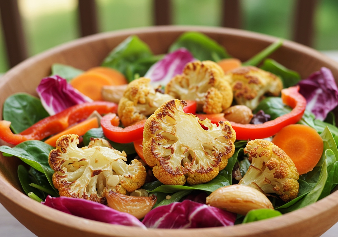 A vibrant salad with roasted cauliflower, mixed greens, other colorful vegetables, and roasted garlic dressing.