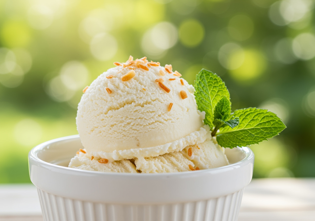 A vibrant scoop of creamy coconut ice cream in a small bowl, garnished with toasted coconut flakes and a fresh mint leaf, with a bright, sunny background.