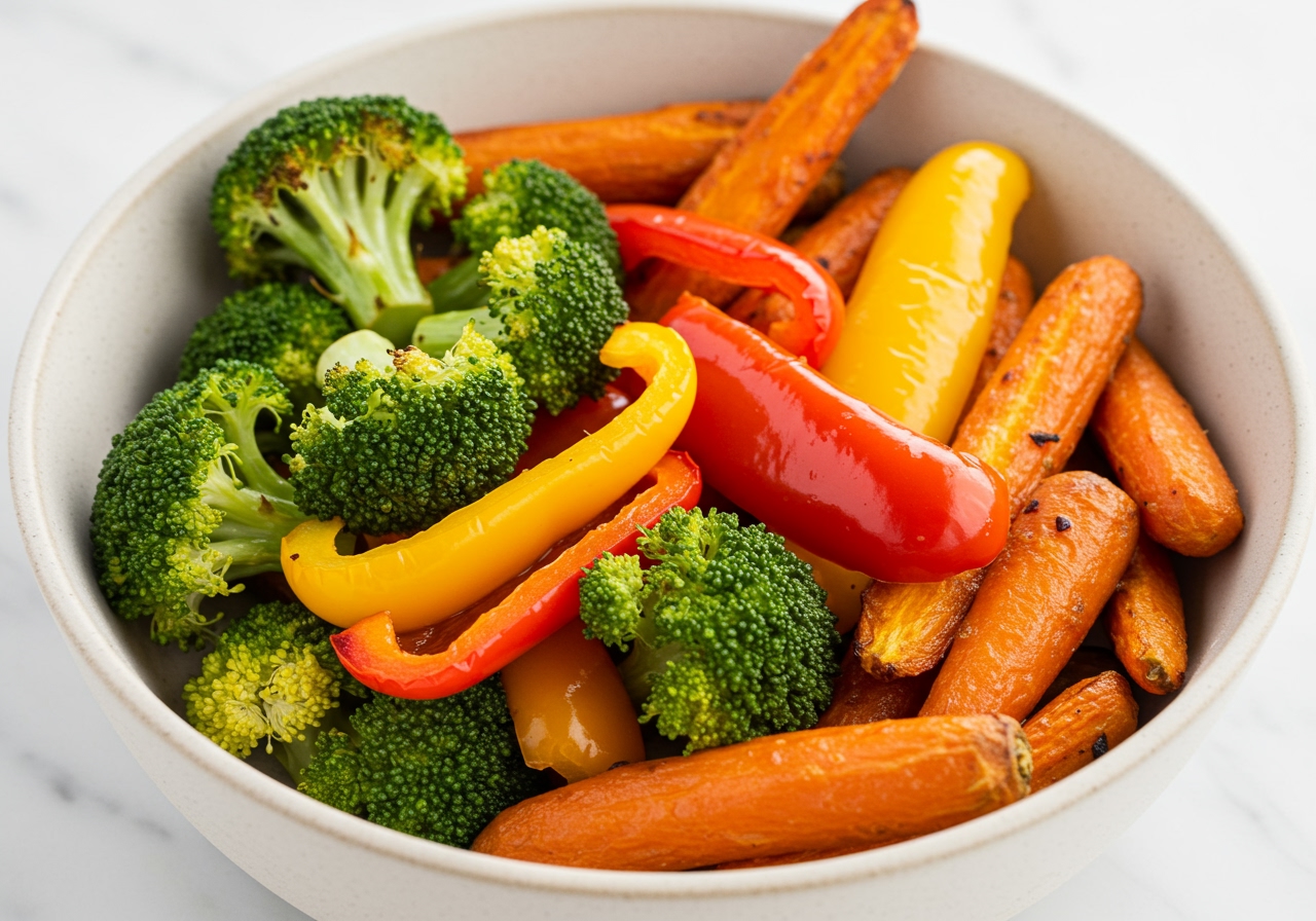 A vibrant selection of air-fried vegetables (broccoli, bell peppers, carrots) in a bowl.