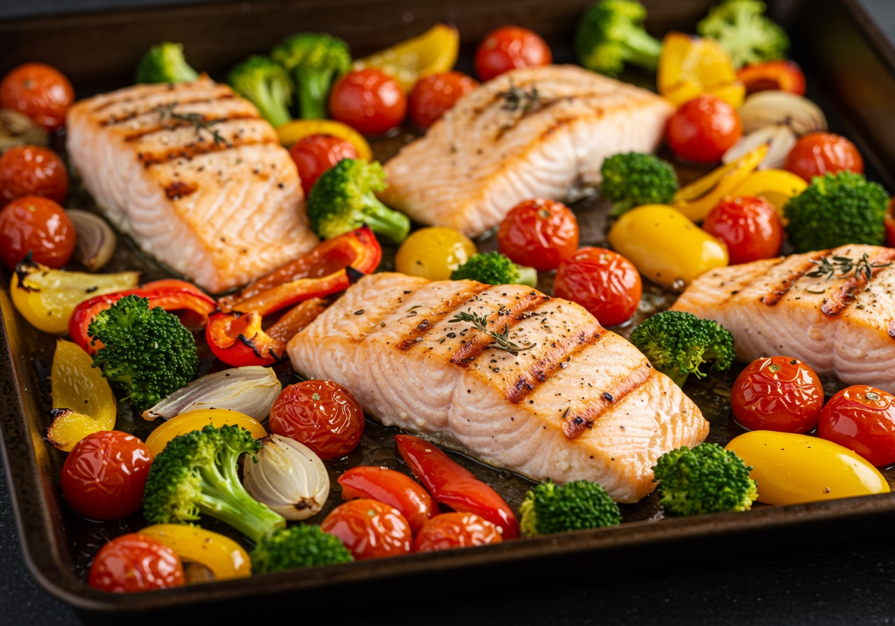 A vibrant sheet pan filled with grilled fish fillets (like salmon or cod) and colorful roasted vegetables (broccoli, bell peppers, cherry tomatoes), ready to eat.