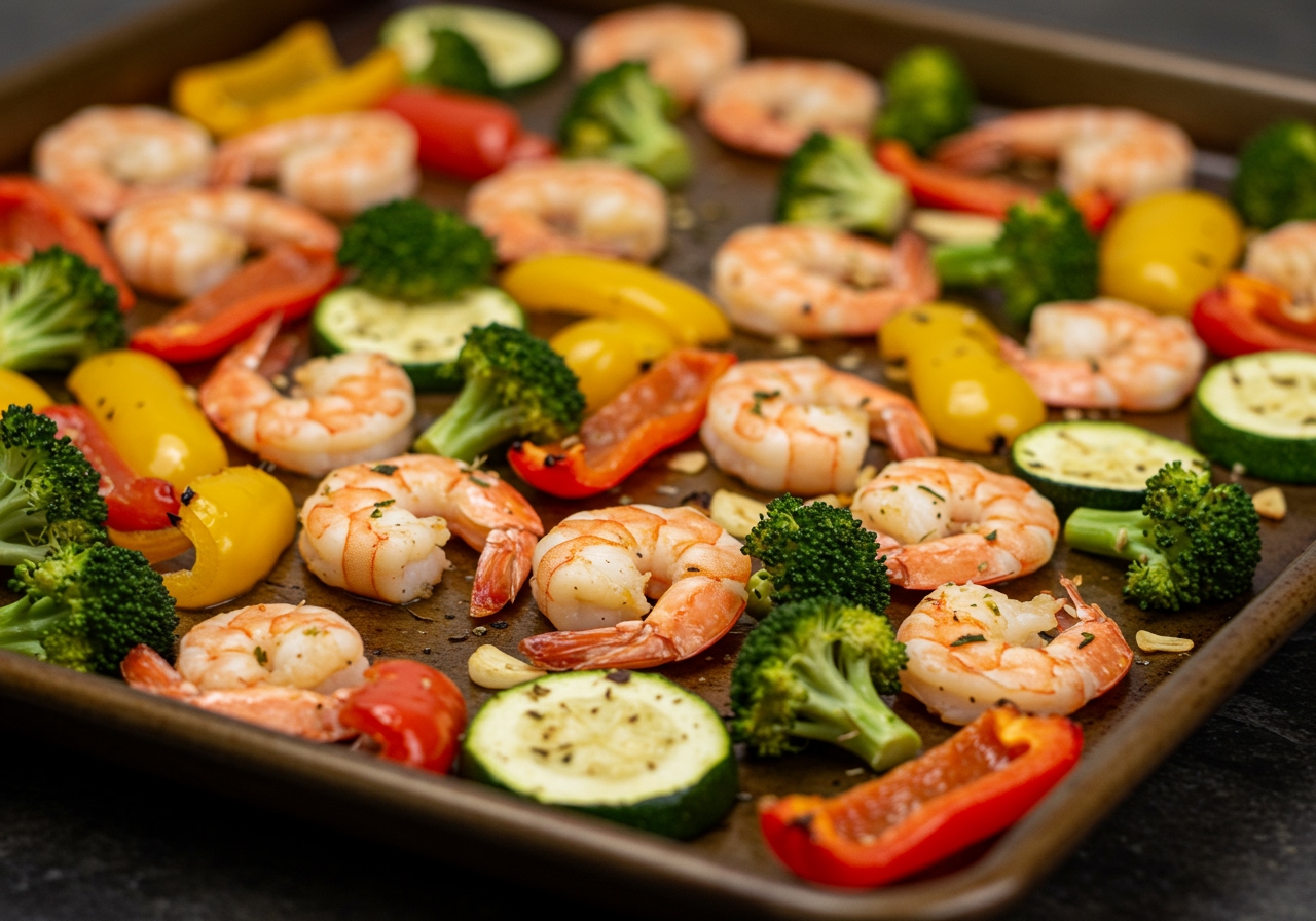 A vibrant sheet pan filled with roasted shrimp, colorful bell peppers, broccoli, and zucchini, seasoned with garlic and herbs.