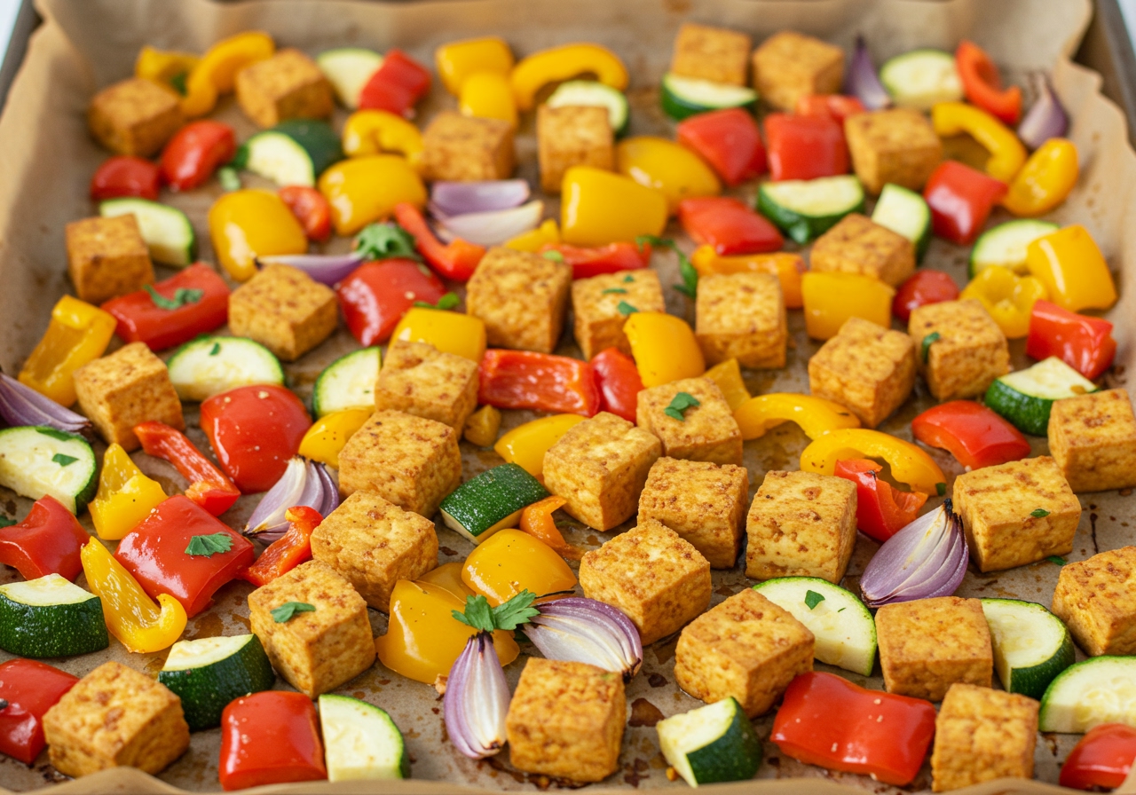 A vibrant sheet pan meal featuring colorful vegetables like bell peppers, onions, and zucchini, mixed with cubes of tofu and spices.