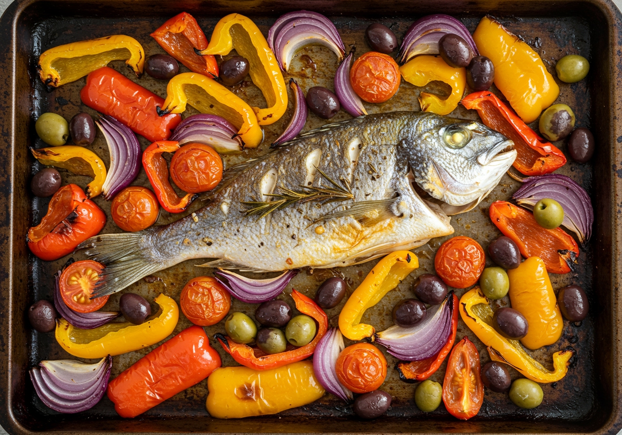 A vibrant sheet pan meal with a baked sea bream fillet surrounded by Mediterranean vegetables like bell peppers, red onion, olives, and cherry tomatoes.