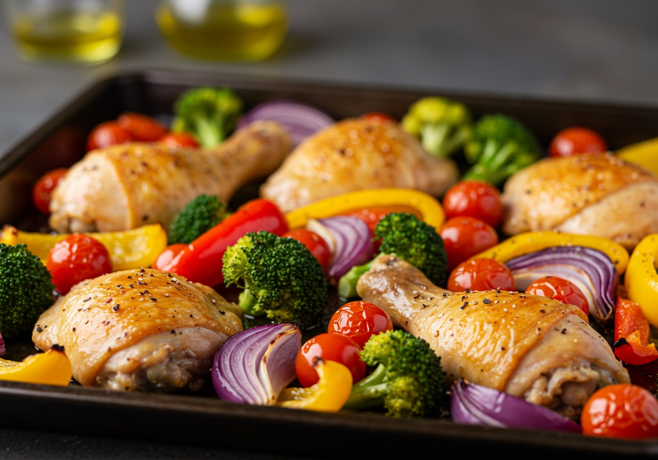 A vibrant sheet pan meal with chicken and colorful vegetables, ready to eat