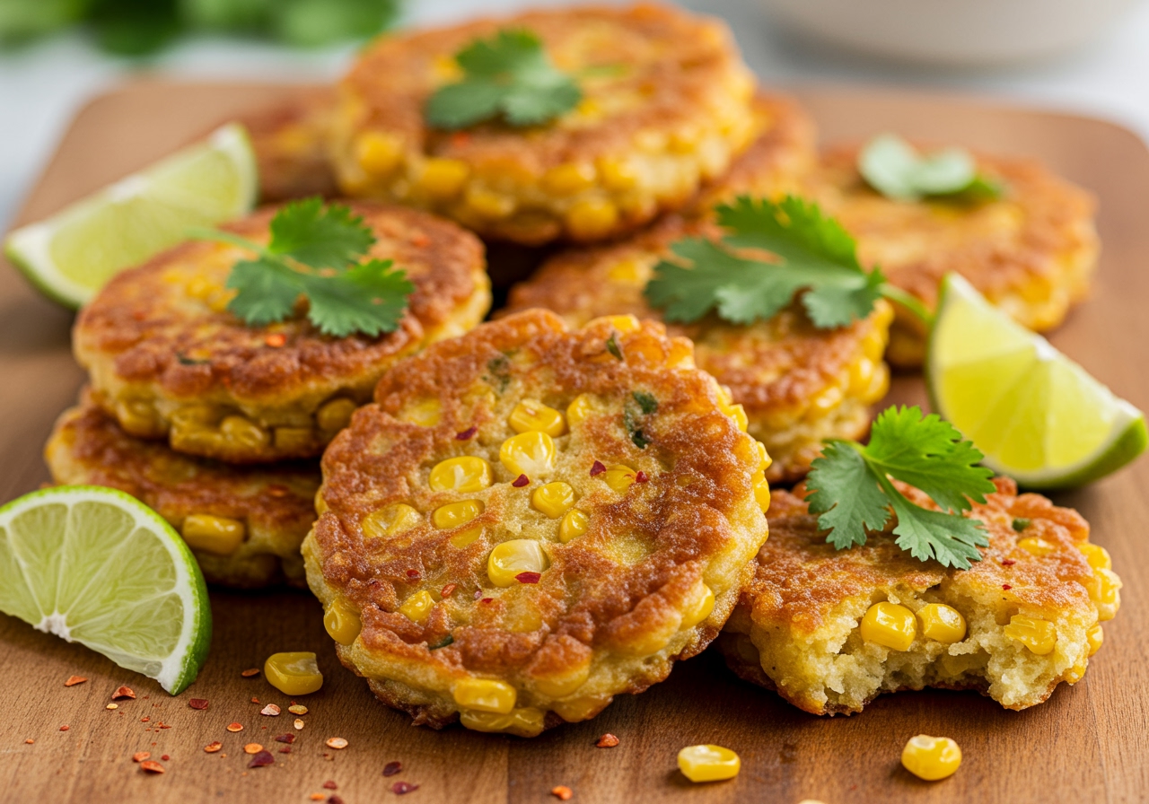 A vibrant shot of golden-brown Mexican street corn fritters arranged artfully on a rustic wooden board, garnished with fresh cilantro, a sprinkle of red chili powder, and lime wedges. The fritters have visible corn kernels and a slightly crispy exterior, suggesting they were cooked in an air fryer. Soft natural light highlights their texture.