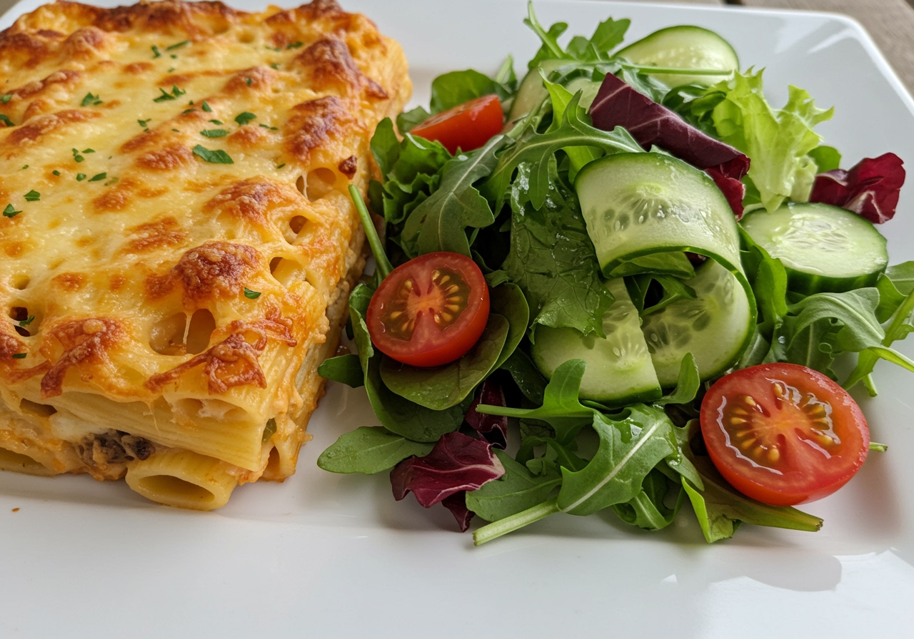 A vibrant side salad with mixed greens, cherry tomatoes, cucumber, and a light vinaigrette, placed next to a serving of the pasta bake.