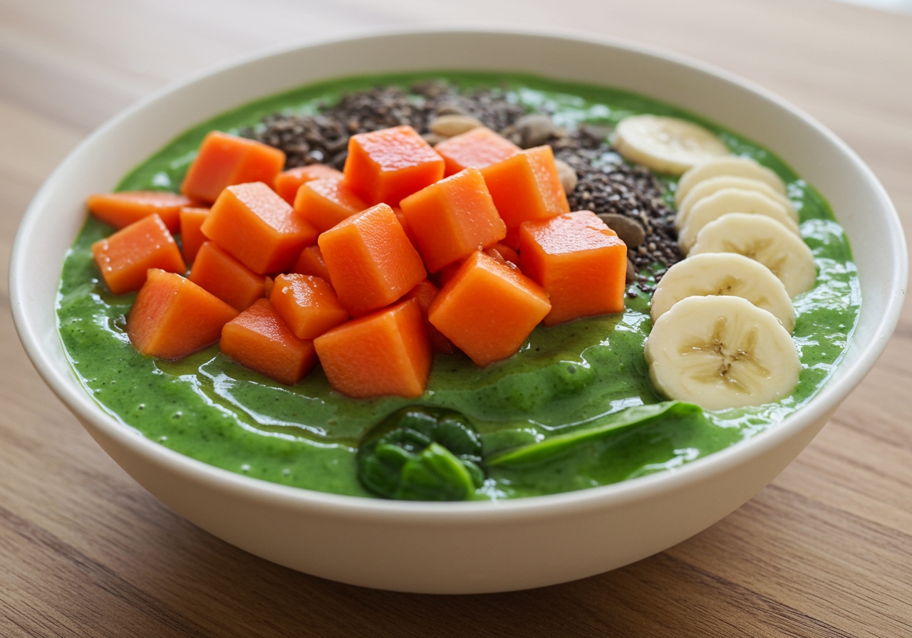 A vibrant smoothie bowl topped with diced ripe papaya, illustrating a use for ripe papaya