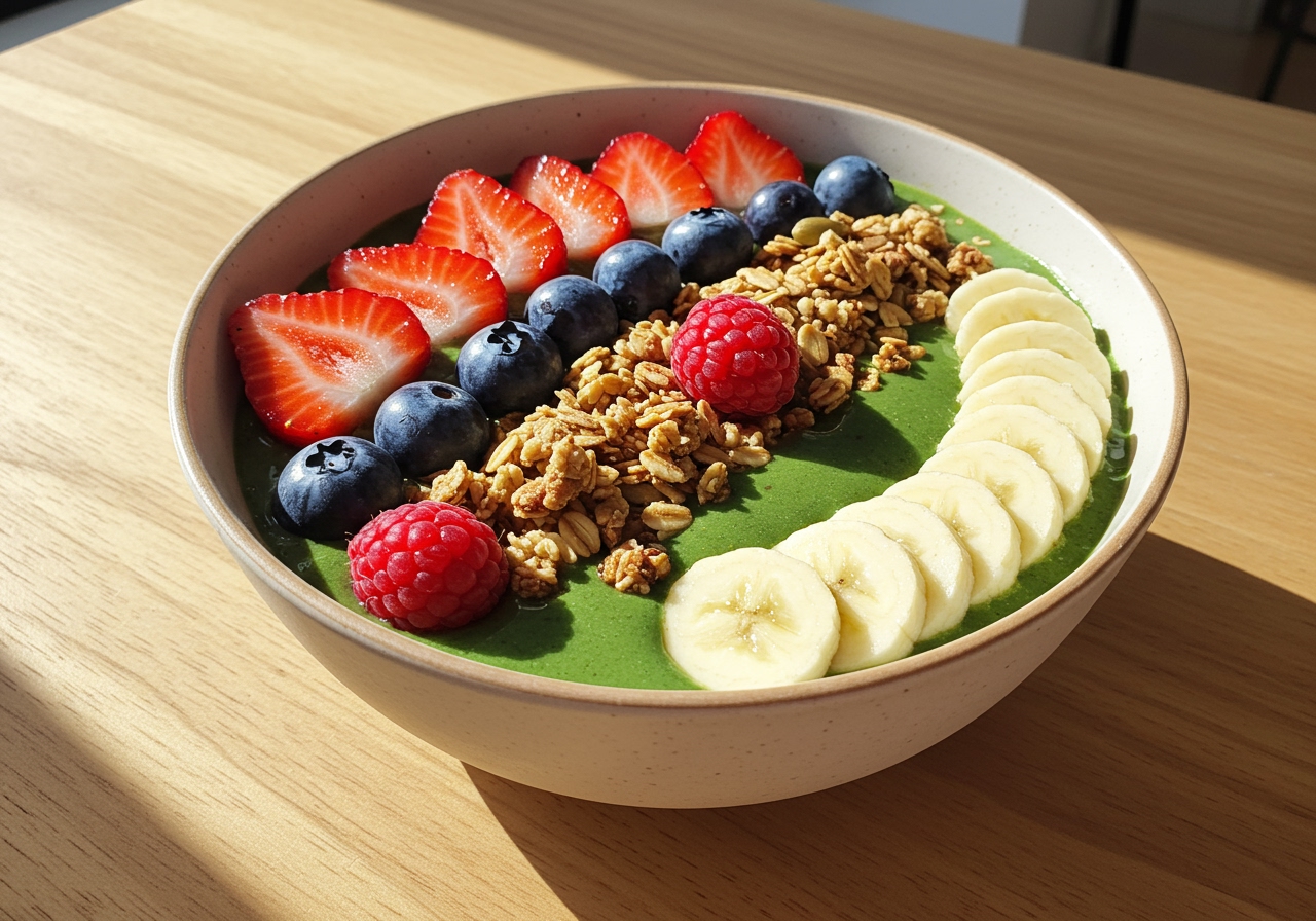 A vibrant smoothie bowl topped with fresh berries, granola, and sliced banana, artfully arranged on a light wooden table.