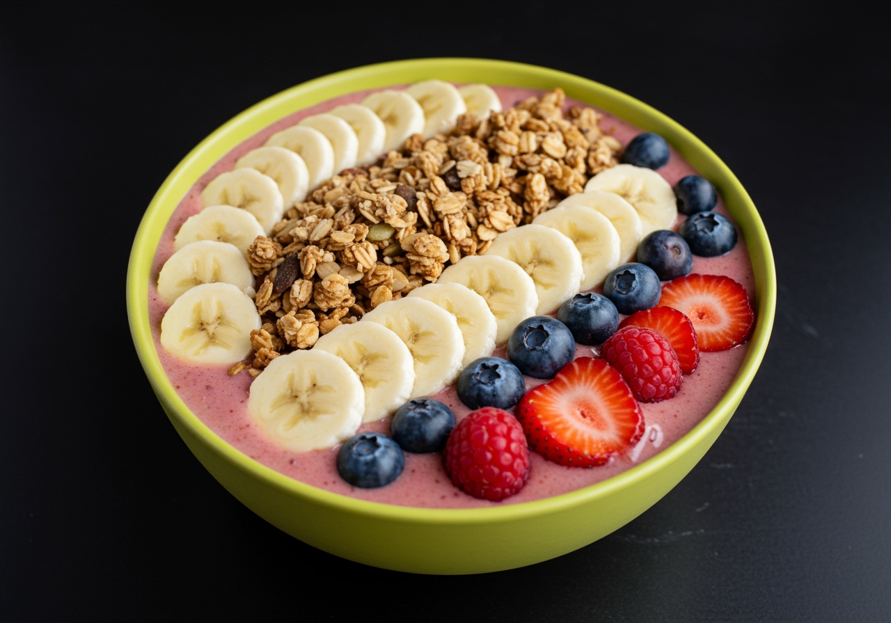 A vibrant smoothie bowl topped with granola, fresh berries, and sliced banana.