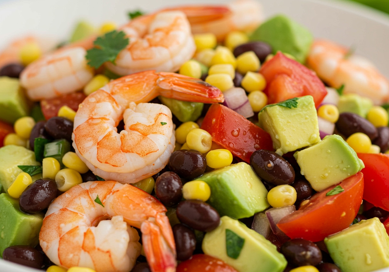 A vibrant spicy cold shrimp salad with corn, black beans, red onion, tomatoes, avocado, cilantro, and shrimp, with a lime-chili dressing.