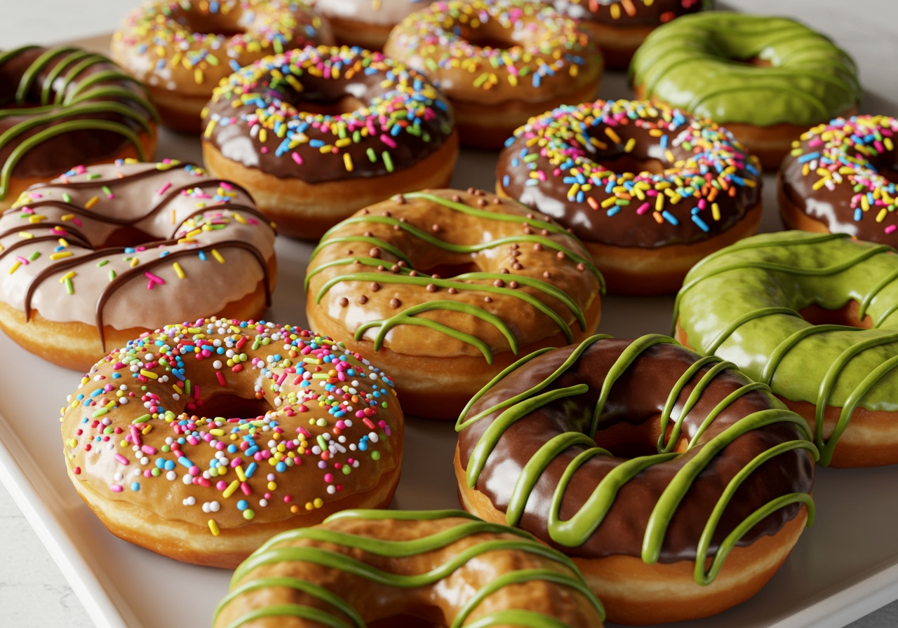 A vibrant spread of assorted homemade donuts, some glazed with chocolate, some with colorful sprinkles, and others with a matcha drizzle, arranged artfully on a white platter.