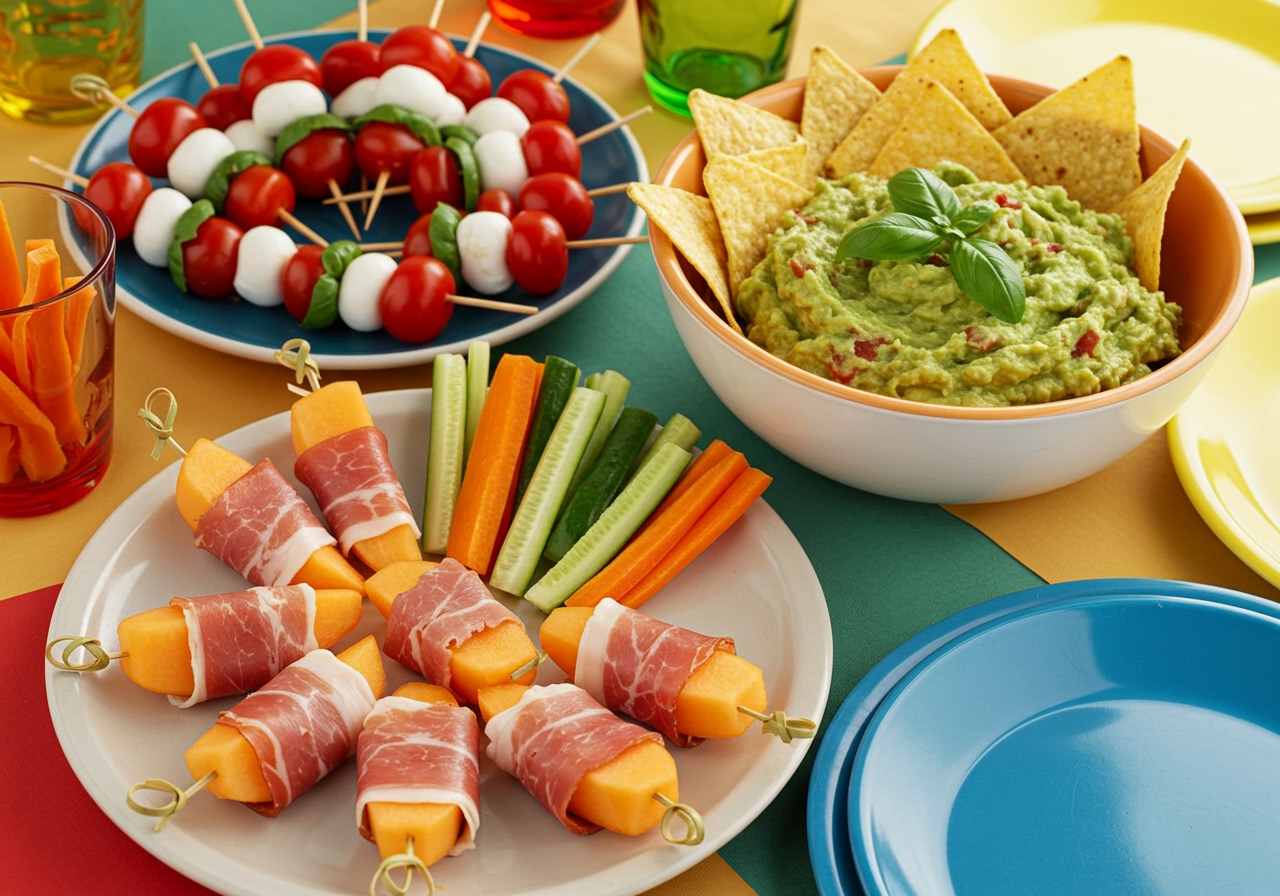 A vibrant spread of colorful party appetizers including Caprese skewers, a bowl of fresh guacamole with tortilla chips and vegetable sticks, and a plate of neatly arranged prosciutto-wrapped melon bites, all on a festive table setting.