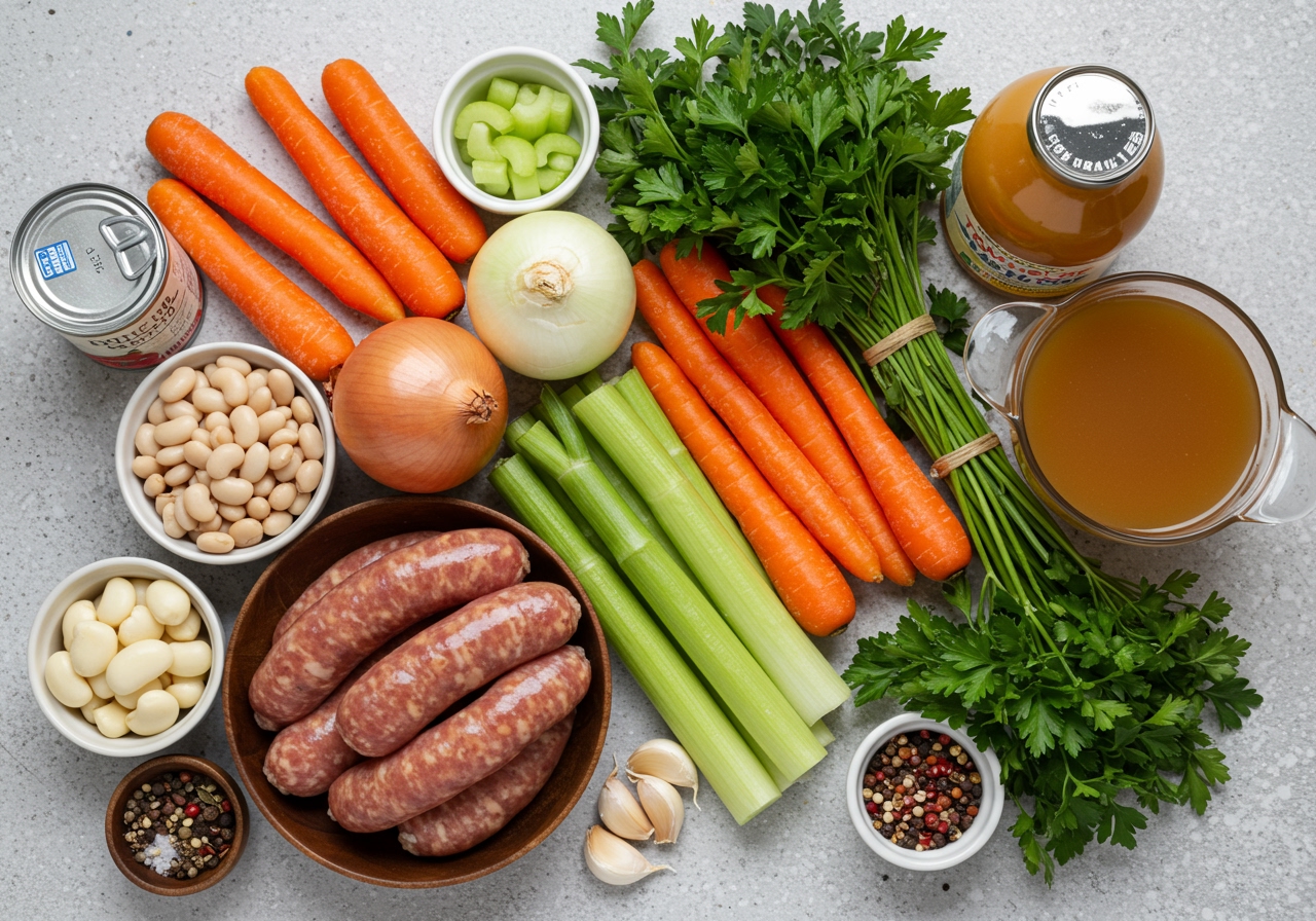 A vibrant spread of ingredients for Italian sausage and bean soup, including raw Italian sausage, various canned beans, fresh vegetables like carrots, celery, onions, garlic, and herbs, alongside canned tomatoes and broth.