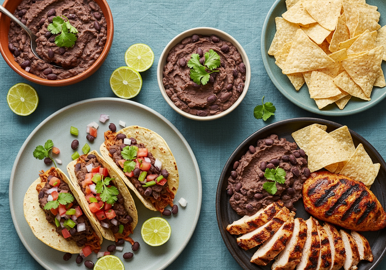 A vibrant spread of Mexican-inspired dishes featuring refried black beans, including a plate of tacos, a bowl of bean dip with tortilla chips, and a side of grilled chicken with beans.