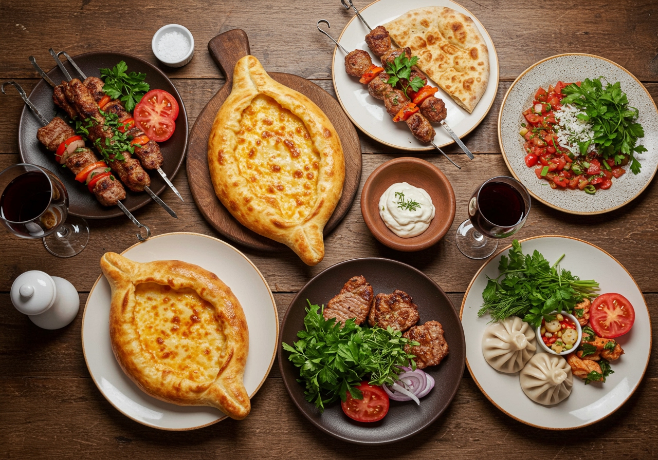 A vibrant spread of various Caucasian dishes on a rustic wooden table, including khachapuri, shashlik skewers, khinkali, fresh herbs, and a bottle of Georgian wine, with a warm, inviting atmosphere.