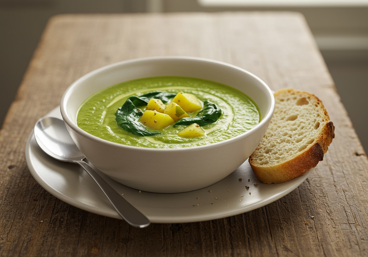 A vibrant, steaming bowl of curry-flavored spinach potato soup served with a slice of crusty artisan bread on a rustic wooden table setting, illuminated by soft natural light.