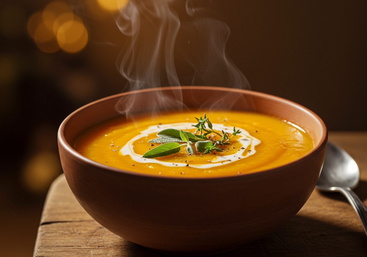 A vibrant, steaming bowl of pumpkin and apple soup garnished with fresh herbs.