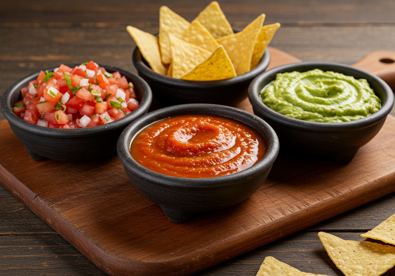 A vibrant still life of three distinct Mexican dips: a chunky pico de gallo, a smooth red salsa roja, and a creamy green guacamole, all arranged in traditional ceramic bowls on a rustic wooden board.