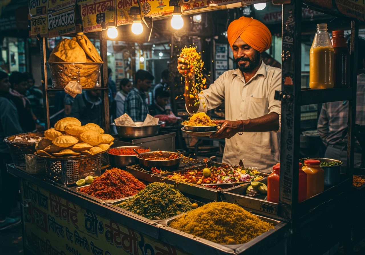 A vibrant street food stall in India with various chaat ingredients displayed, and a vendor preparing a plate of chaat.