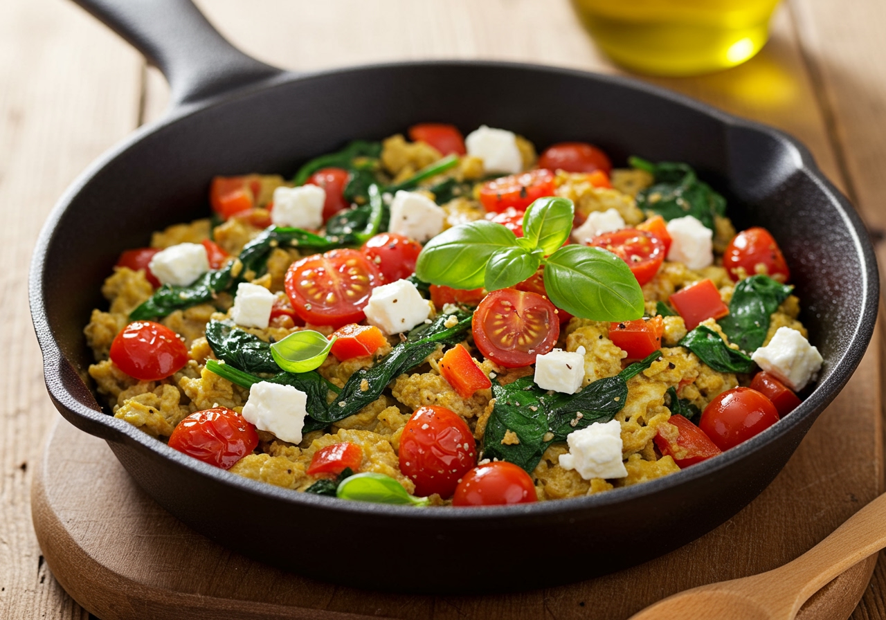 A vibrant vegetable scramble overflowing with spinach, red bell peppers, cherry tomatoes, and crumbled feta cheese, garnished with fresh basil leaves, in a rustic cast iron skillet