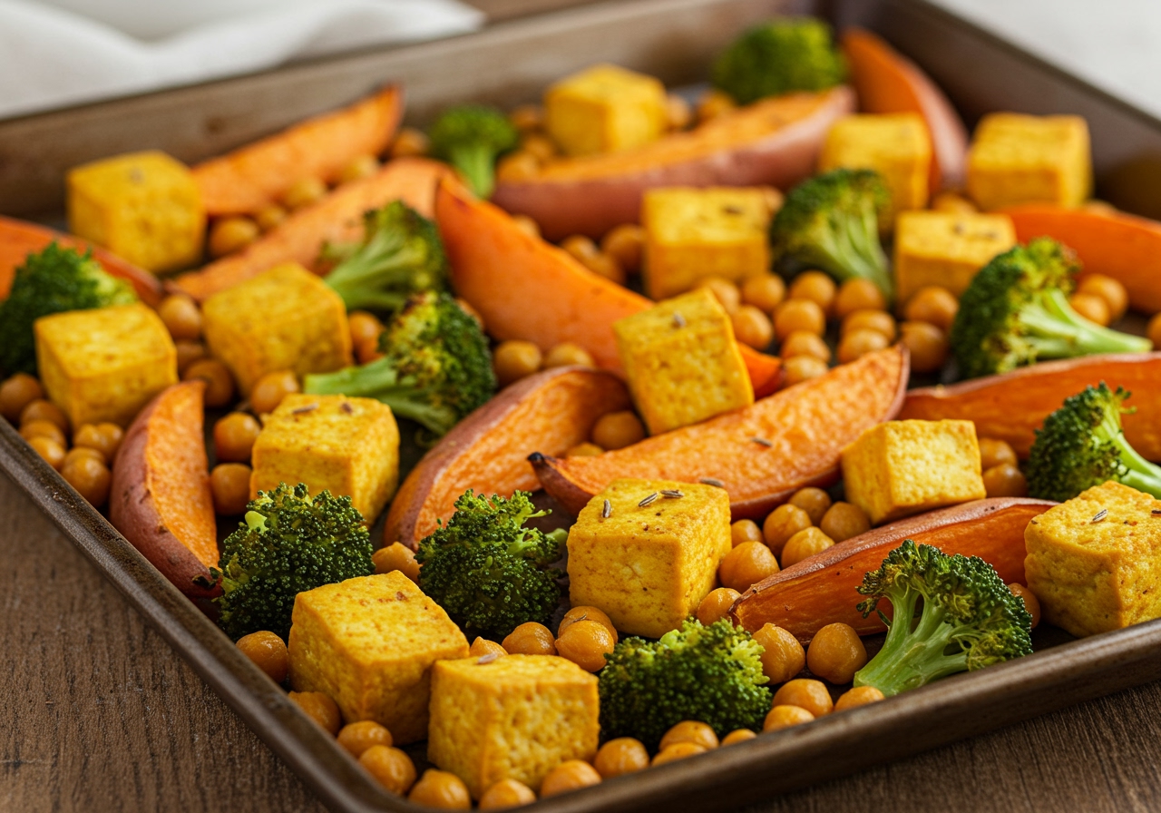 A vibrant vegetarian sheet pan meal with roasted tofu cubes, sweet potato wedges, broccoli florets, and chickpeas, seasoned with turmeric and cumin.