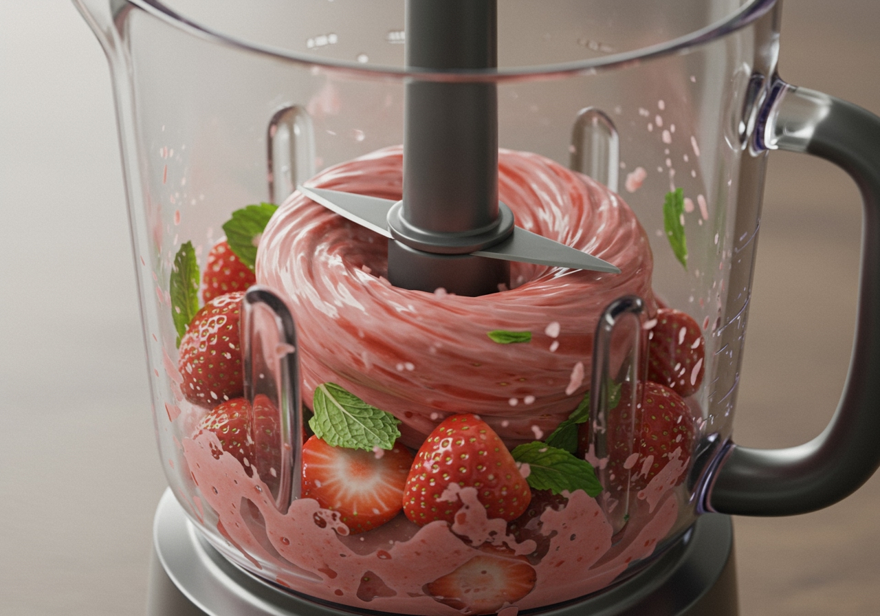 A view from the side of a blender, showing the mixture of strawberries, mint, etc., being blended into a smooth, thick consistency resembling soft-serve ice cream.