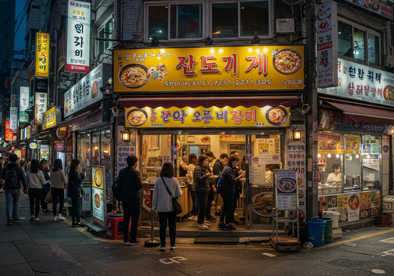 A view of a bustling Milmyeon restaurant entrance in Busan, South Korea