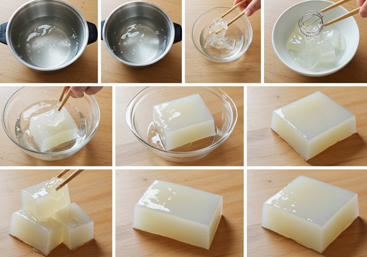 A visual step-by-step showing the process of making ところてん at home, from liquid to solidified block.