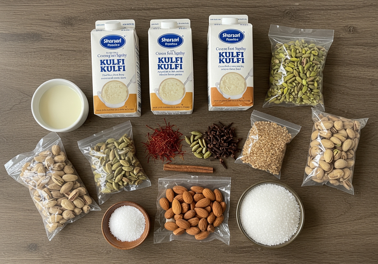 A visually appealing arrangement of typical Kulfi ingredients: full-fat milk cartons, various whole and ground spices (cardamom pods/powder, saffron threads, maybe cinnamon sticks), bags of pistachios and almonds, and sugar.