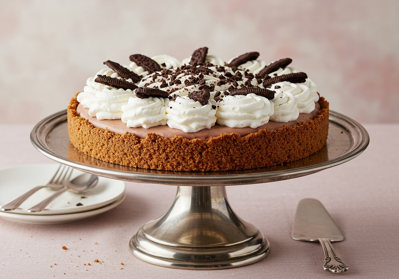 A visually appealing, classic chocolate and vanilla ice cream cake with a cookie crumb crust, topped with whipped cream and chocolate shavings, presented on a cake stand.