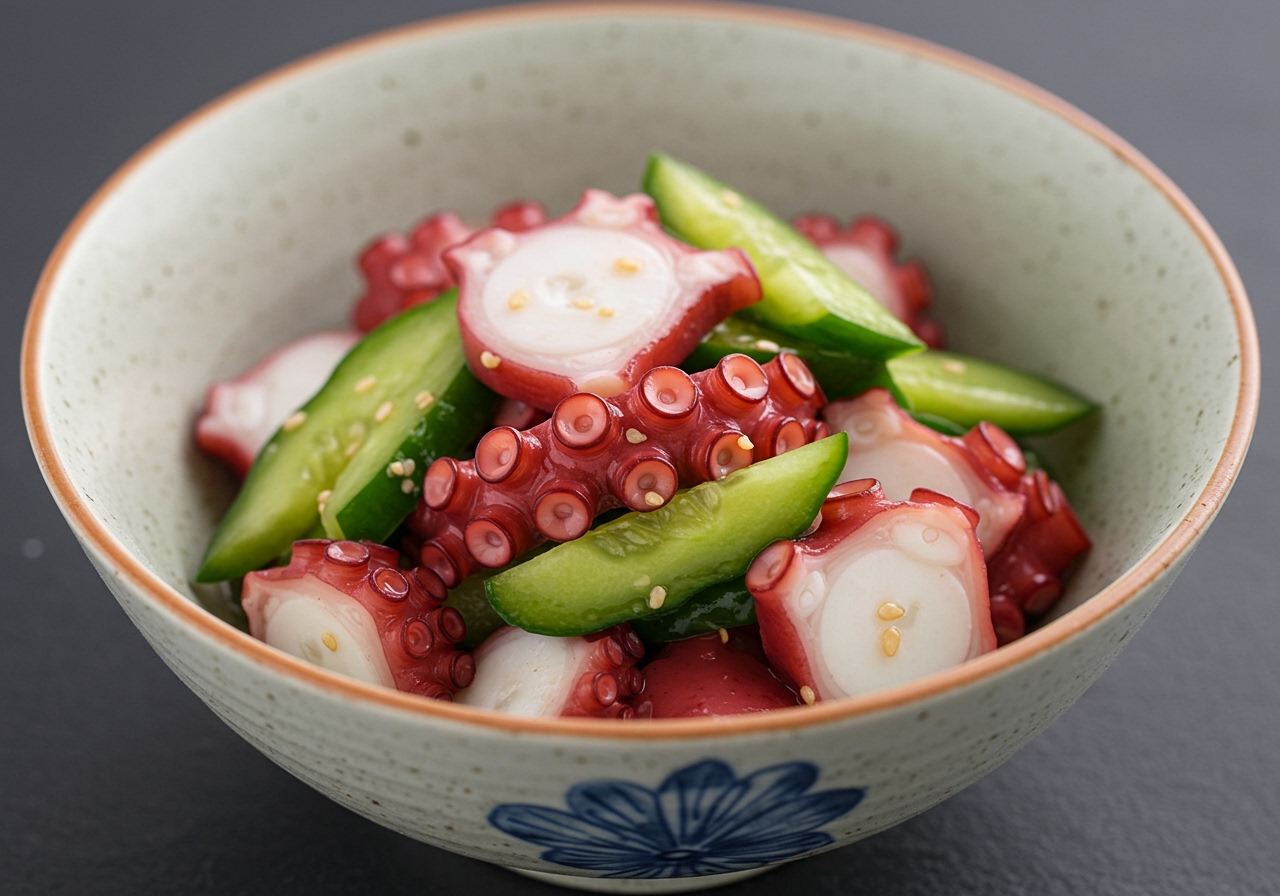 A visually appealing close-up shot of a bowl of Takosu (octopus and cucumber sunomono), highlighting the vibrant red of the octopus, green of the cucumber, and perhaps a hint of the translucent vinegary dressing. It should look fresh and appetizing.