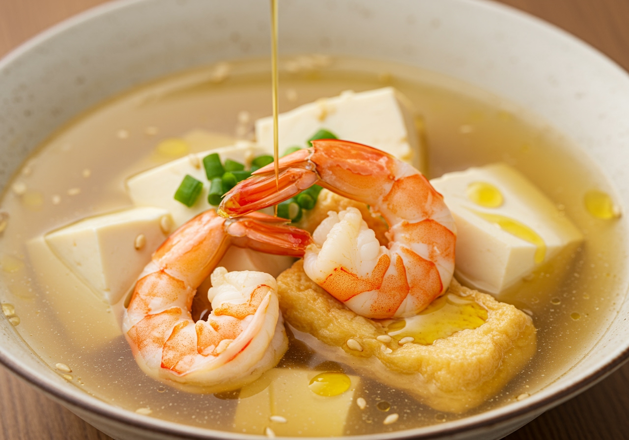 A visually appealing close-up shot of cooked shrimp and tofu in a gentle, savory Japanese-style broth.