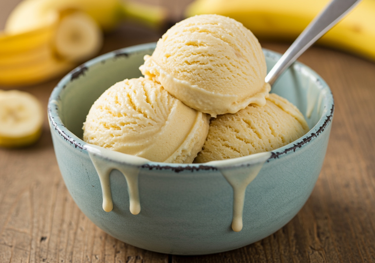 A visually appealing close-up shot of creamy, swirling banana ice cream in a bowl, possibly with a spoon dipped in.