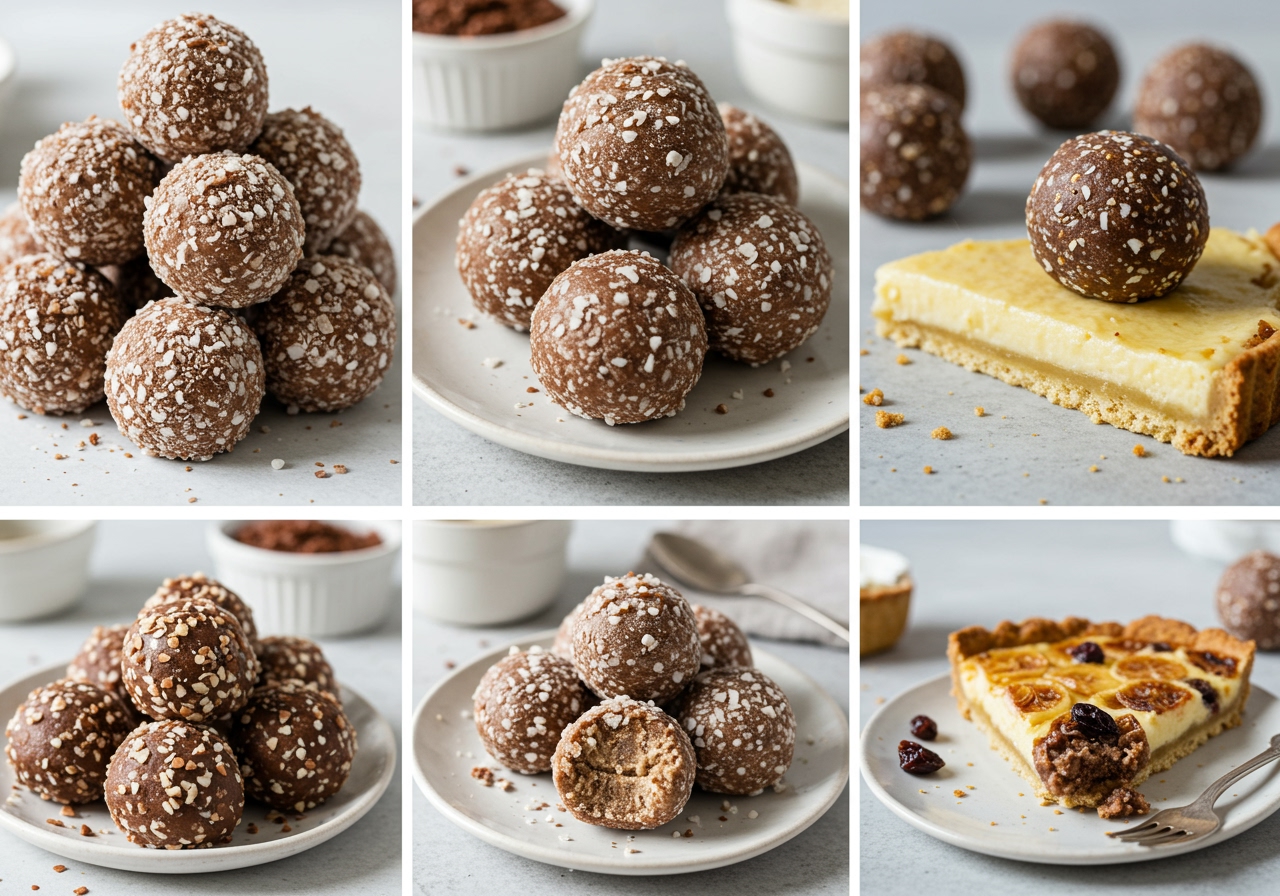 A visually appealing collage showing small images of different healthy desserts and snacks, including the cookie dough truffles, a tart slice, and possibly energy balls or healthy baked goods, encouraging readers to explore more recipes.