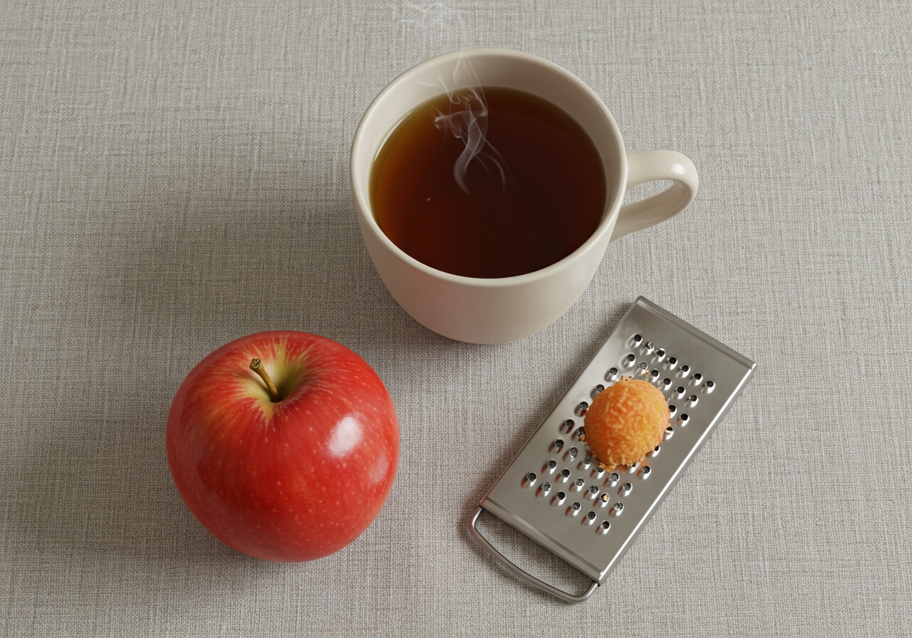 A visually appealing flat lay of the ingredients: a cup of warm tea, a fresh apple, and a grater.