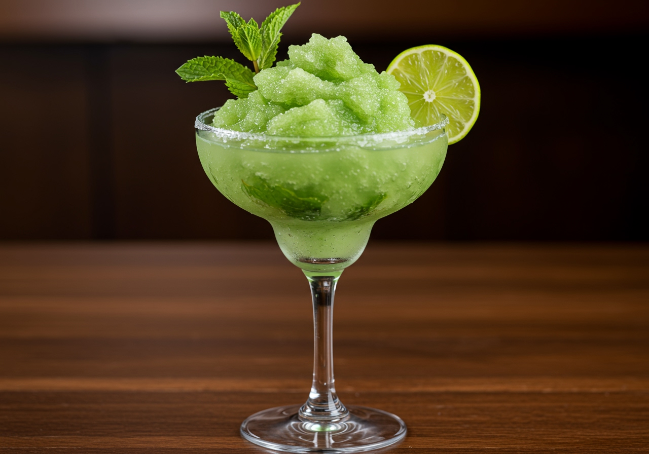 A visually appealing frozen mojito in a large glass or margarita glass, garnished with mint and lime, showing a slushy texture.