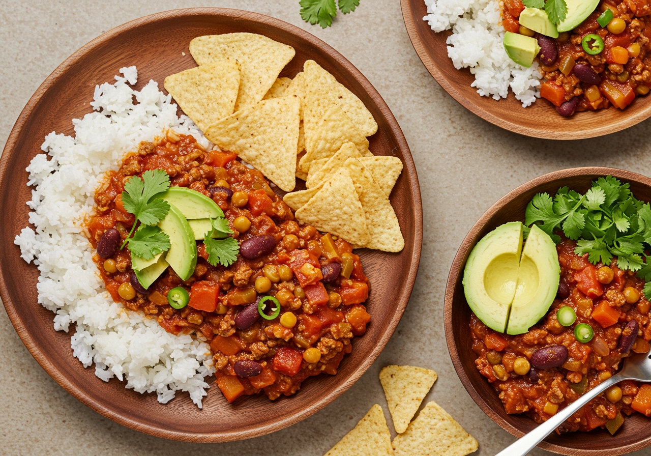 A visually appealing spread featuring the vegan chili served in different ways: with rice, with tortilla chips, and topped with various garnishes like avocado and cilantro.
