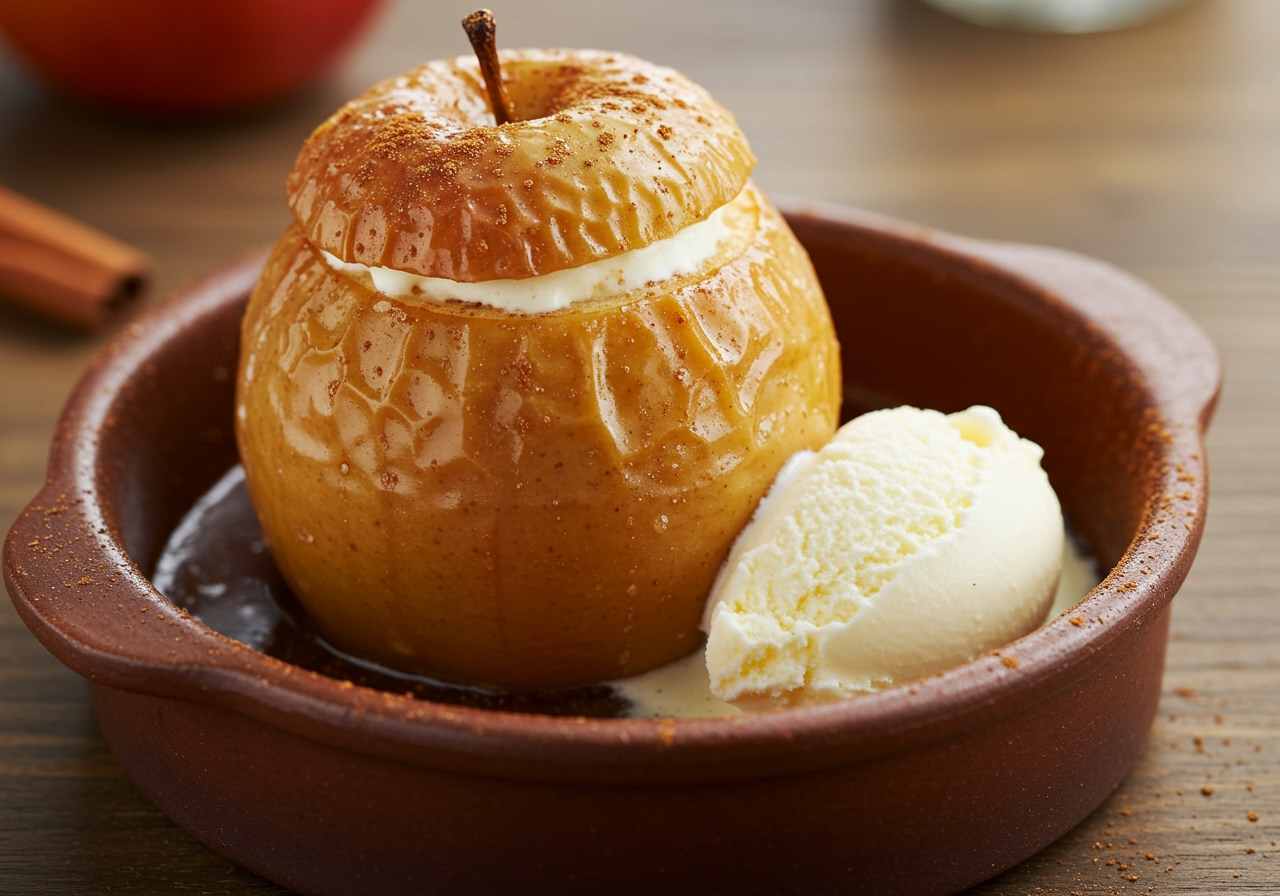 A warm, baked apple sprinkled with cinnamon, served in a small dish with a dollop of yogurt or ice cream