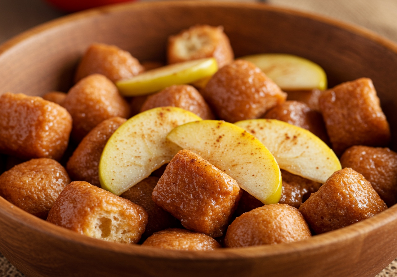 A warm dish of baked donut pieces mixed with sliced apples and cinnamon.