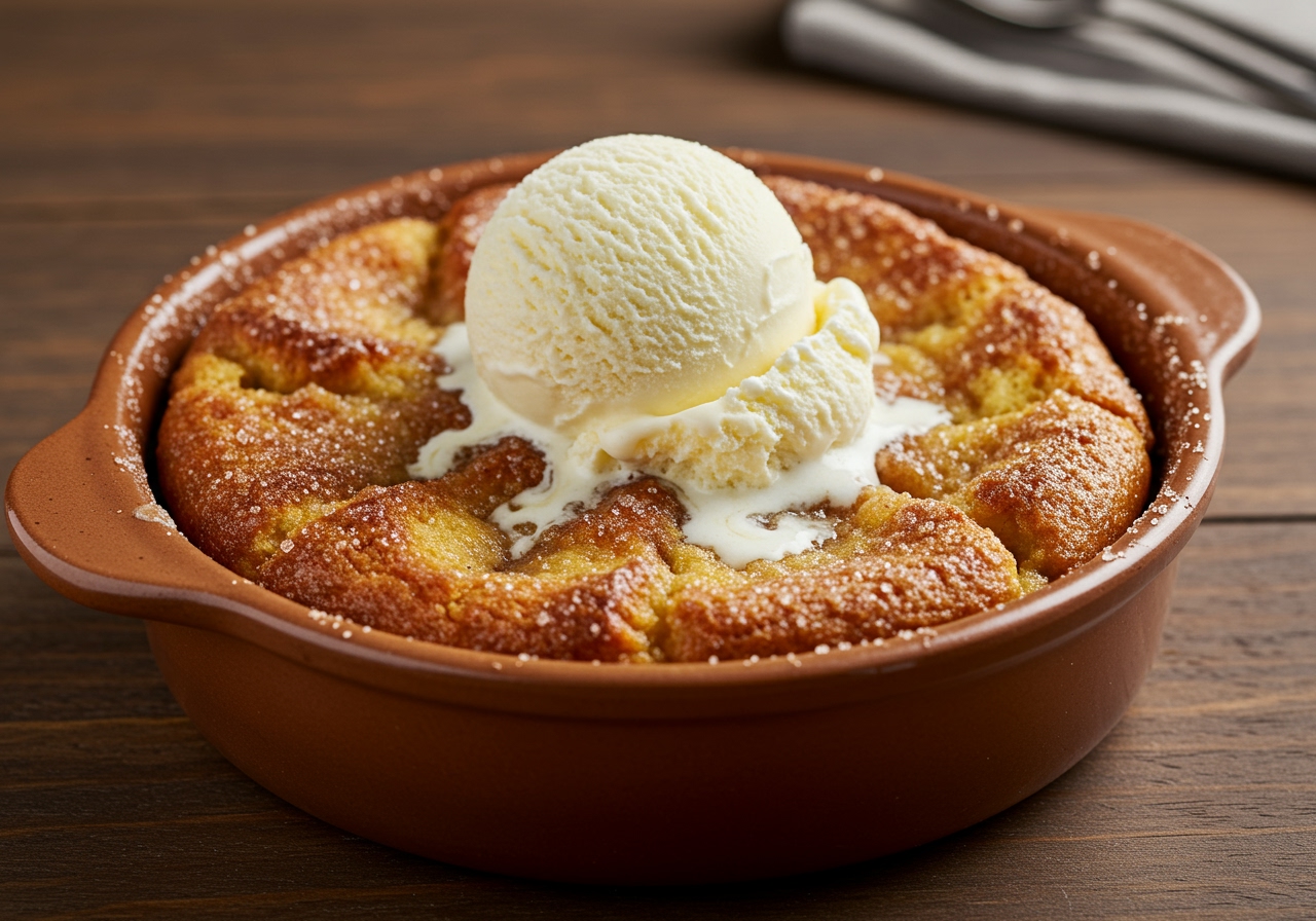A warm, freshly baked donut bread pudding in a ceramic dish, topped with a scoop of melting vanilla ice cream.
