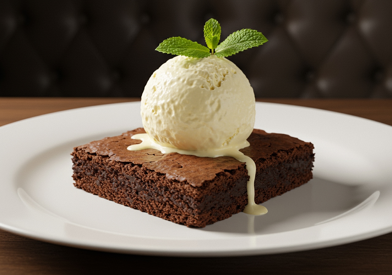 A warm, fudgy brownie square served on a white plate with a scoop of vanilla ice cream melting slightly on top, garnished with a mint leaf.