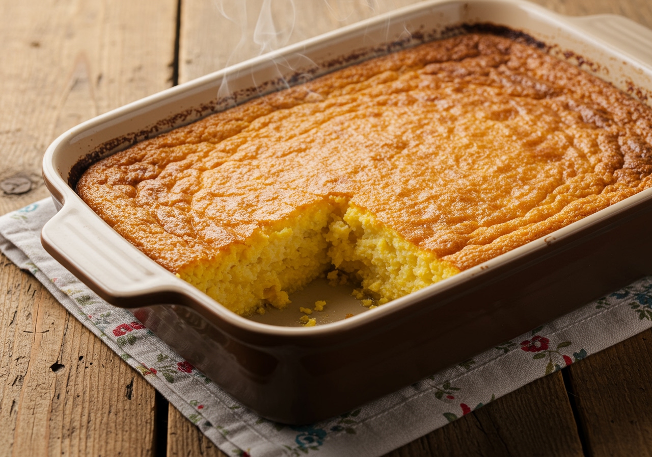 A warm, golden-brown corn pudding in a ceramic baking dish, steamy and inviting, with a small slice removed to show the creamy texture inside. On a wooden table with a vintage tablecloth.
