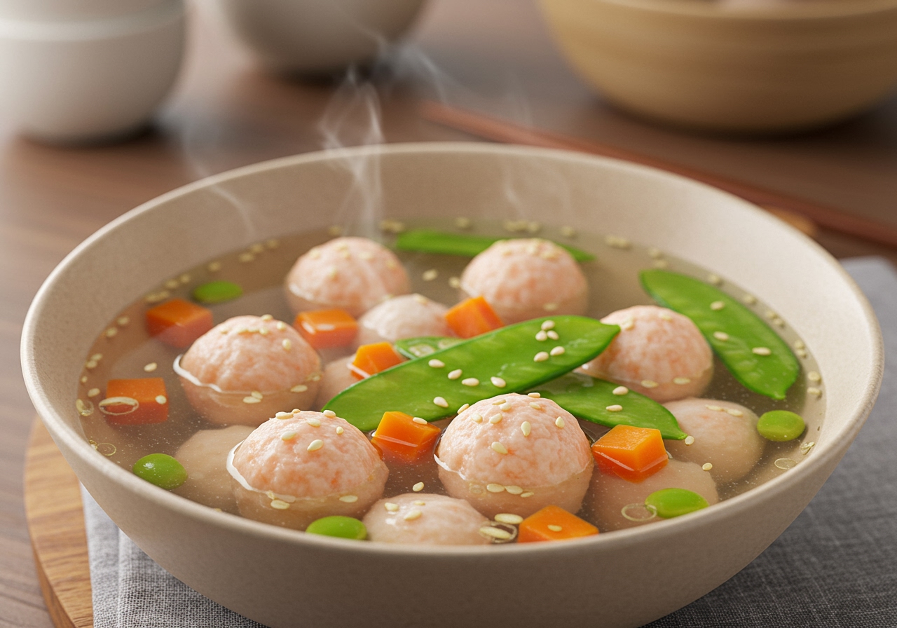 A warm, inviting bowl of clear soup with soft pink shrimp balls and colorful vegetables, steam gently rising.