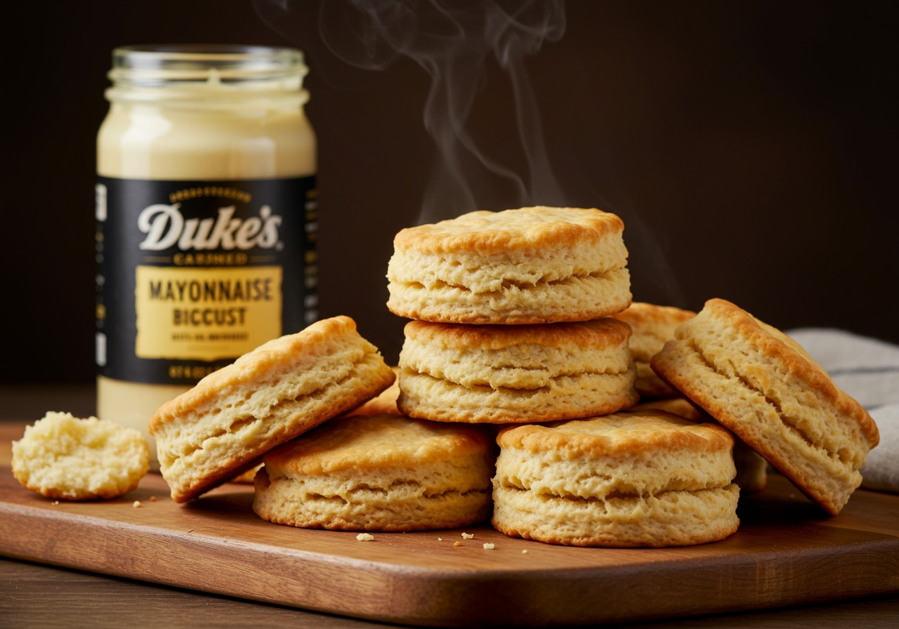 A warm, inviting close-up of several golden brown, fluffy biscuits stacked on a rustic wooden board, with a jar of Duke's Mayonnaise subtly blurred in the background, steam gently rising from the biscuits.
