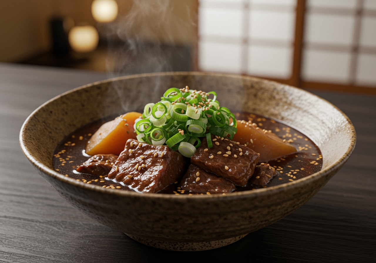 A warm, inviting final shot of the finished stew in a traditional Japanese bowl, garnished attractively.